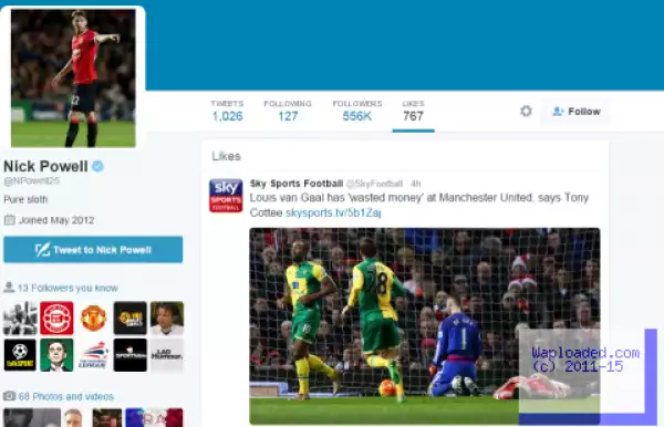 Nick Powell likes article on Twitter that says Louis van Gaal has wasted money at Manchester United